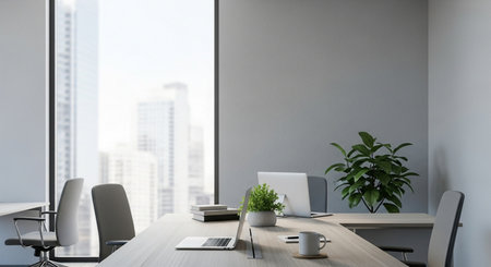 Interior of modern office with gray walls, wooden floor, panoramic window with city view and daylight. 3d renderingの素材