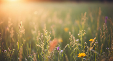 Sunset on a meadow with wildflowers and grass.の素材