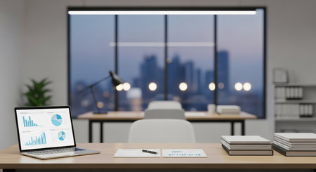 Laptop on wooden table in modern office with city view, Blurred backgroundの素材