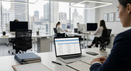Businesswoman working on laptop in modern office with colleagues in the backgroundの素材