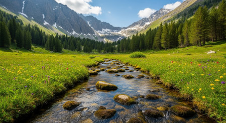 Mountain stream in the high alpine meadow. Spring landscapeの素材