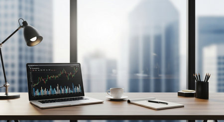 Laptop with stock market chart on screen and coffee cup on table. 3d rendering.の素材
