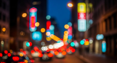 Blurred background of city street at night with bokeh lightの素材