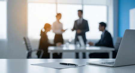 Business people working together in the office. Blurred background and foreground.の素材
