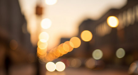 Abstract bokeh background of city street at dusk. Defocused urban abstract background.の素材