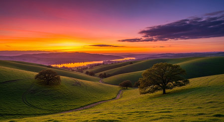 Sunset over rolling hills in the countryside with trees and meadowsの素材