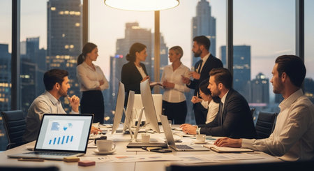 Group of business people discussing business plan at meeting in office. Businessman and businesswoman working in team conference room.の素材