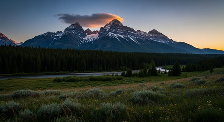 Sunset in Banff National Park, Alberta, Canada. The concept of active and photo tourismの素材