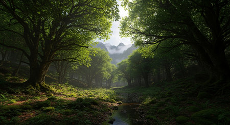 Digital composite of Green forest with sunlight in the misty morning.の素材