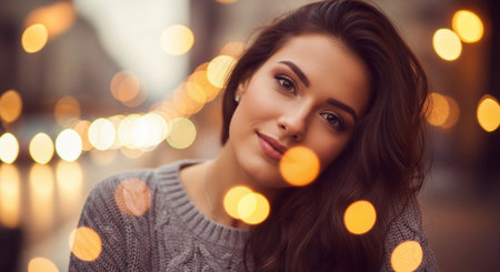 Portrait of a beautiful young brunette woman in a sweater.の素材