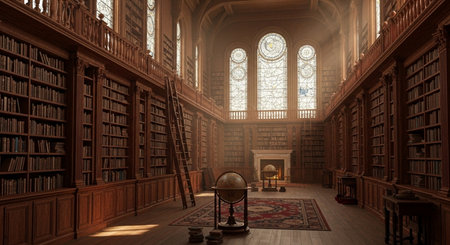3D render of an old library interior with bookshelves and windowsの素材