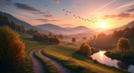 Foggy summer landscape with meadow, road and flock of birdsの素材