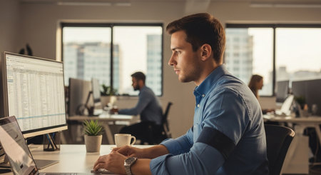 Side view of young businessman working on computer while sitting at desk in officeの素材