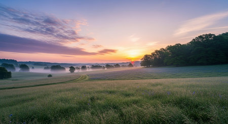 Sunrise over a meadow with fog and trees in the backgroundの素材