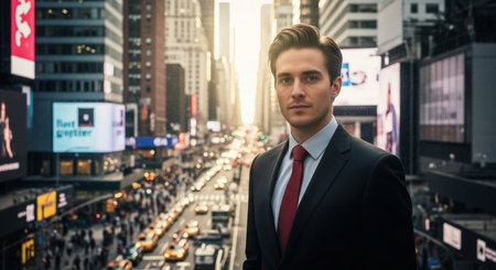 Young handsome businessman in the middle of a busy street in New York Cityの素材