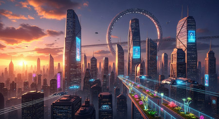 Modern cityscape at night, 3d rendering. Computer digital drawing.の素材