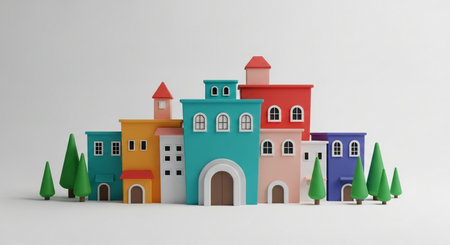 3d illustration of colorful houses in white background with shadow and copy spaceの素材