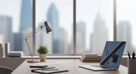 Laptop and office supplies on wooden desk with city view, 3D Renderingの素材