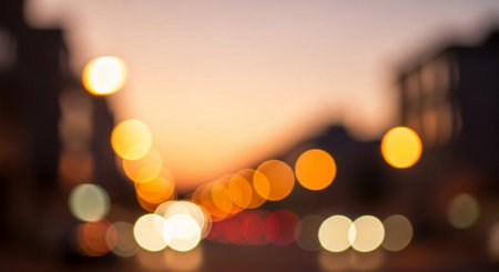 Bokeh of the city at sunset. Defocused urban abstract background.の素材