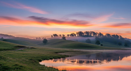 Beautiful sunrise over a lake in the countryside. Tuscany, Italyの素材