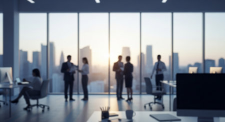 Blurred background of business people in modern office with panoramic windowsの素材