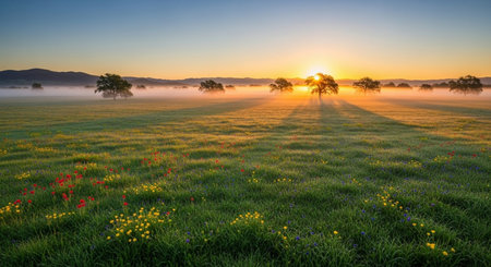 Sunrise over a meadow with trees and flowers in the foregroundの素材