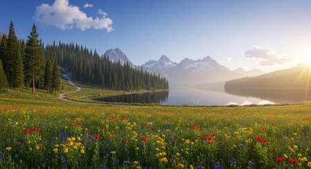 Beautiful summer landscape with wildflowers and mountains in the backgroundの素材