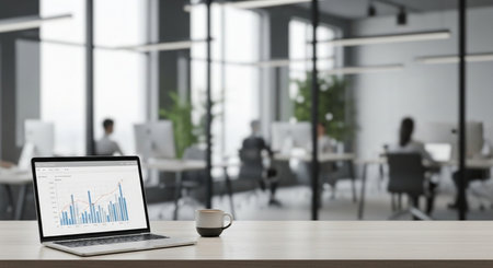 Laptop with financial chart on table in modern office, 3d renderの素材