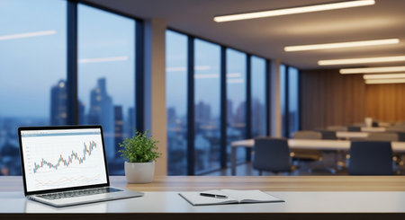Laptop on table in modern office with city view. 3d rendering.の素材