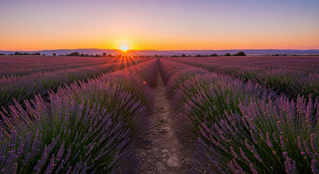 Sunset over lavender field in Provence, France.の素材