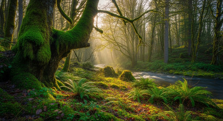 Sunlight in a wet forest with mossy trees and fernsの素材