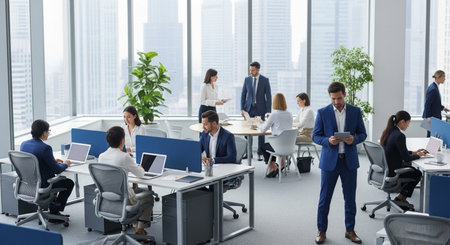 Group of diverse business people working together in a modern open plan officeの素材
