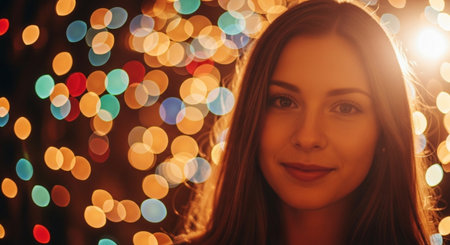 Portrait of beautiful young woman with bokeh lights on backgroundの素材