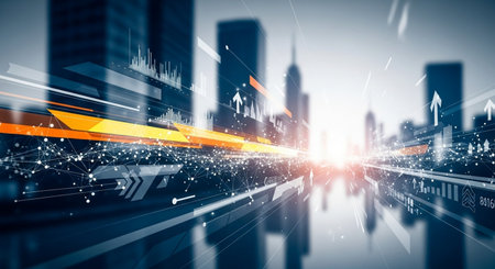 Conceptual image with high tech buildings and high-tech linesの素材