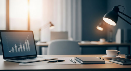 Close up of modern workplace with laptop, coffee cup and other items. Mock upの素材