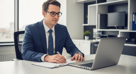 Serious young businessman in eyeglasses sitting at workplace and working on laptopの素材