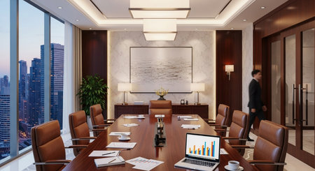 Luxury meeting room interior with city view. 3D rendering.の素材