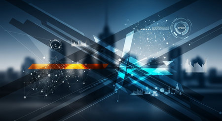 Abstract technology background. Futuristic interface with geometric shapes and HUD elementsの素材