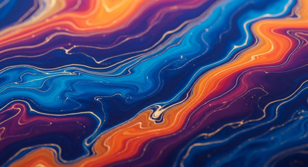 Abstract background of acrylic paint in blue, orange and yellow tones. Liquid marble texture.の素材