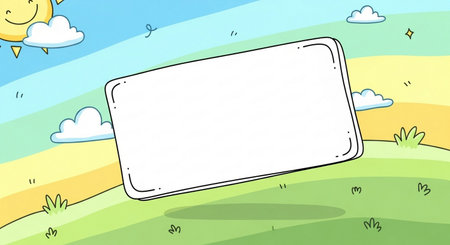Background Illustration Featuring a Blank White Board in a Field with Cloudsの素材