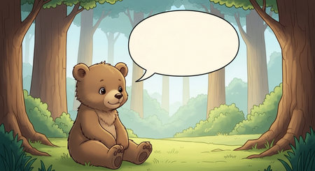 Illustration of a teddy bear sitting in the forest with a speech bubbleの素材
