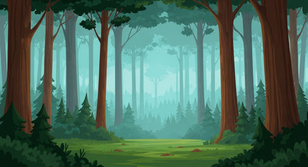 Forest background with trees and grass. Vector illustration in cartoon style.の素材