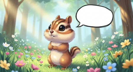 Cute cartoon chipmunk in the forest with speech bubble.の素材