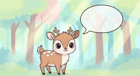 Cute cartoon deer in the forest with speech bubble. Vector illustration.の素材