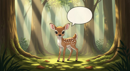 Fawn in the forest with speech bubble. Cartoon vector illustration.の素材