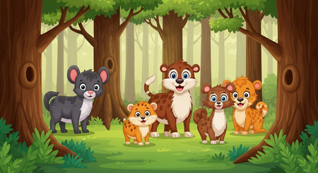 Group of wild animals in the forest illustration. Cartoon style vector.の素材