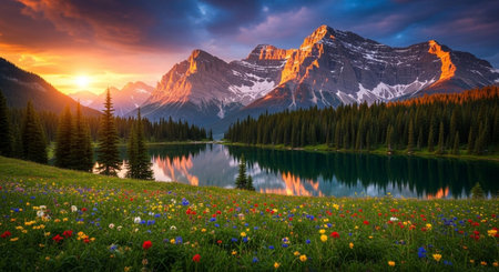 Mountain lake at sunrise, Banff National Park, Alberta, Canadaの素材