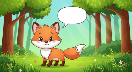 Illustration of a little fox in the forest with a speech bubbleの素材