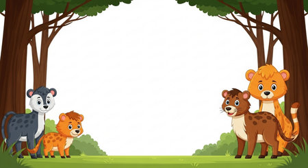 Border template with wild animals in the forest illustration. Cartoon style.の素材