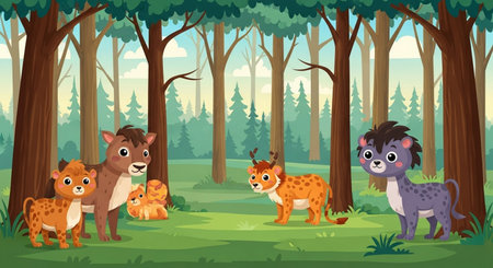 Animals in the forest cartoon vector illustration. Cartoon wild animals.の素材